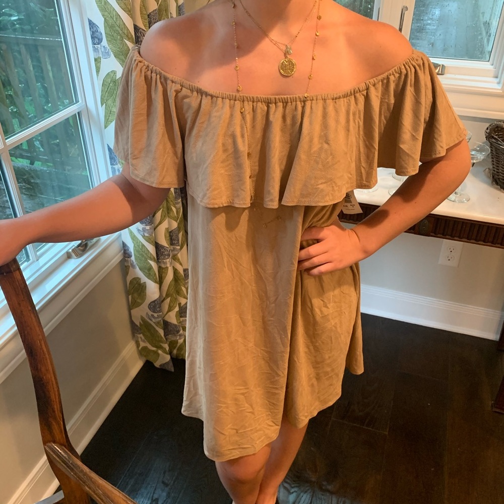 Off the Shoulder Brown Suede Dress